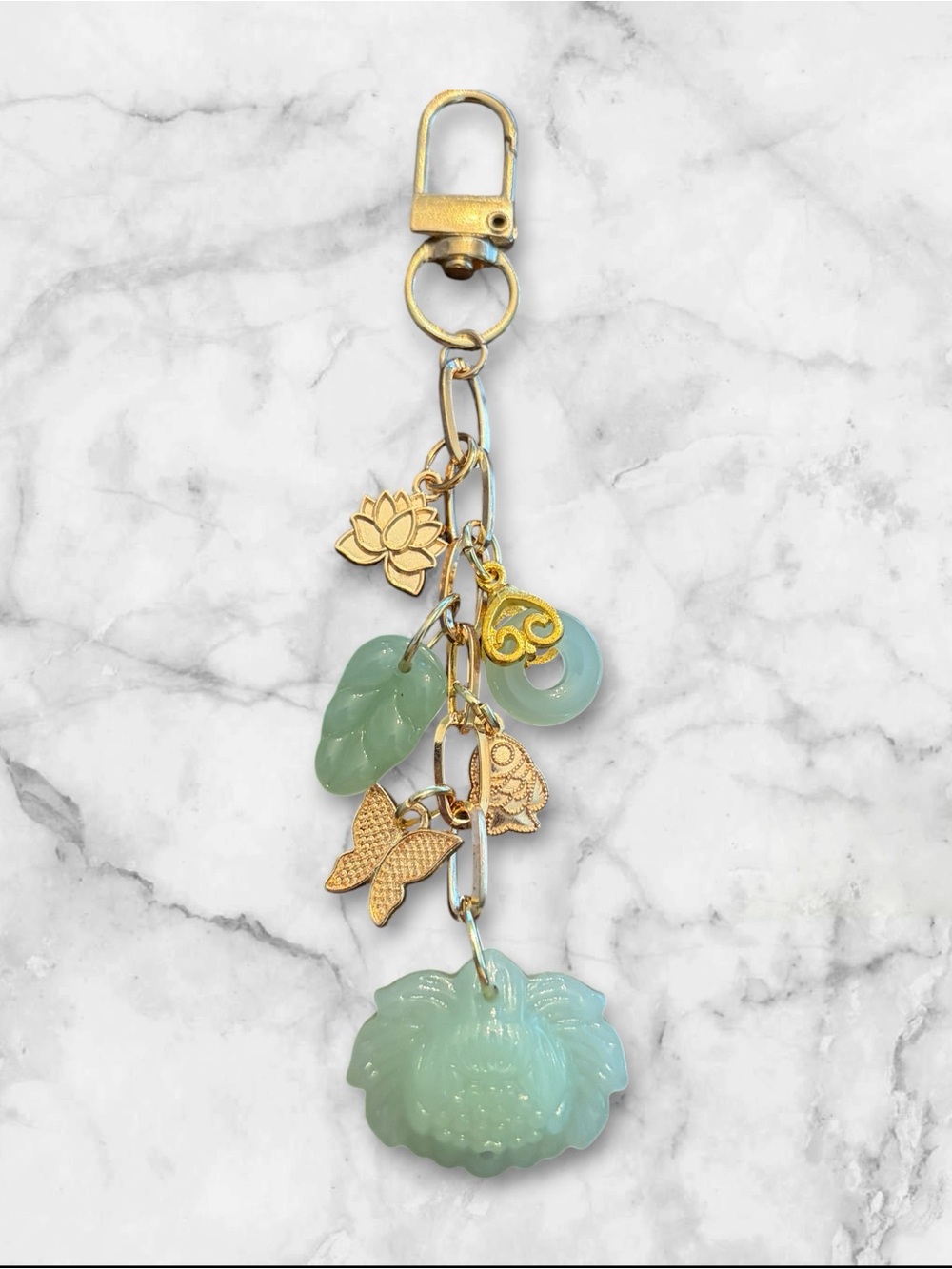 Gold & Seafoam Green Charm Keychain with Floral and Butterfly Accents